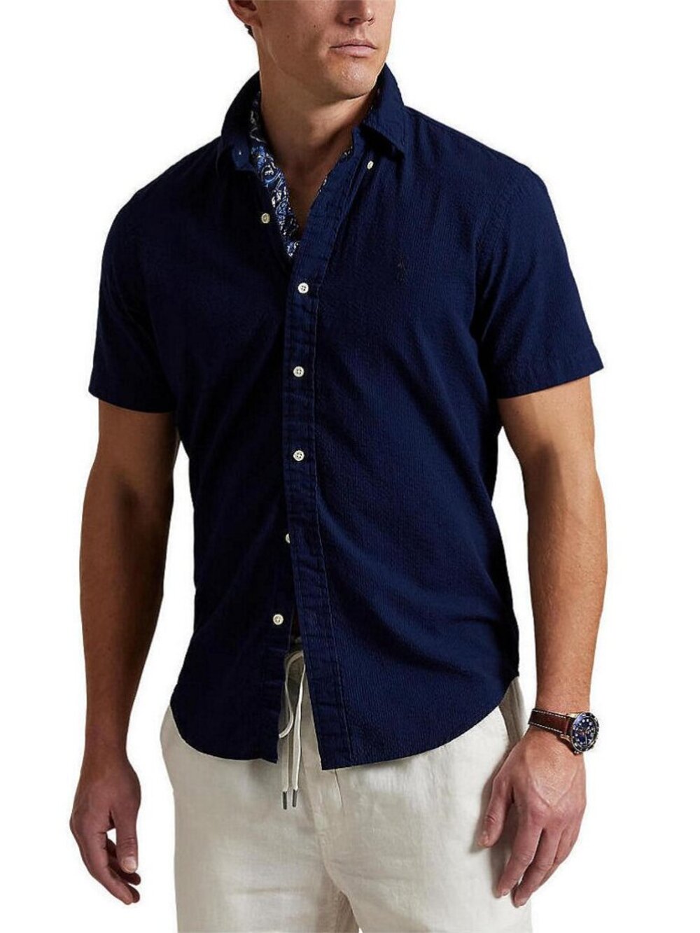 POLO Untucked Fit Seersucker Oxford Navy Button Down Shirt Large – NWT